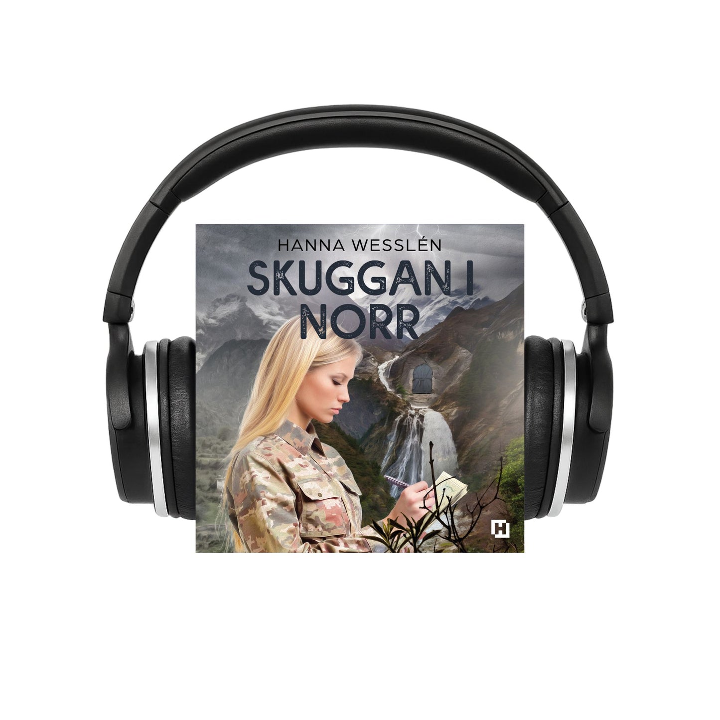 Headphones with a book cover featuring a woman in camouflage and a mountainous landscape.
